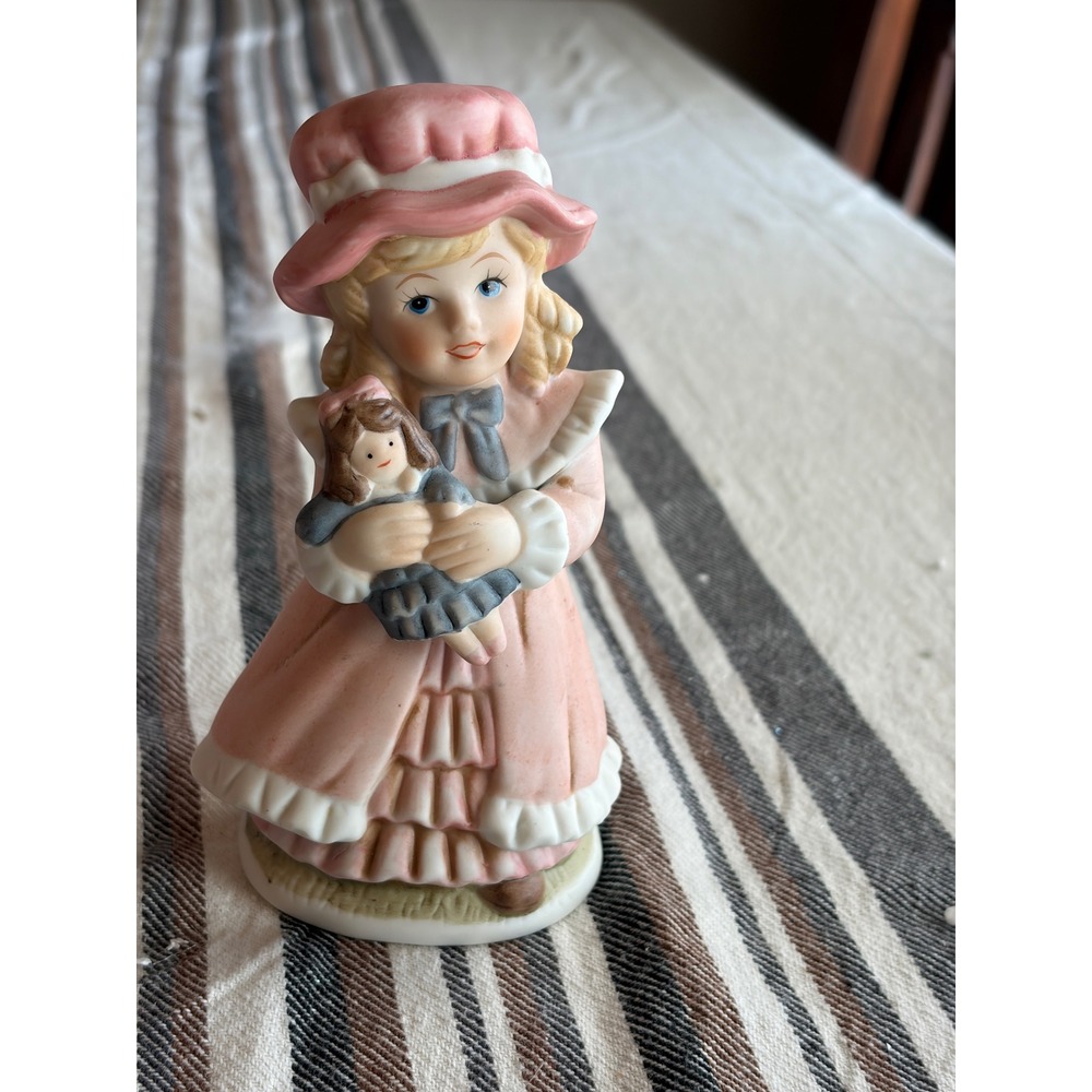 Vintage Homco Porcelain Figurine 1419 Girl in Pink Dress Holding Doll Decor